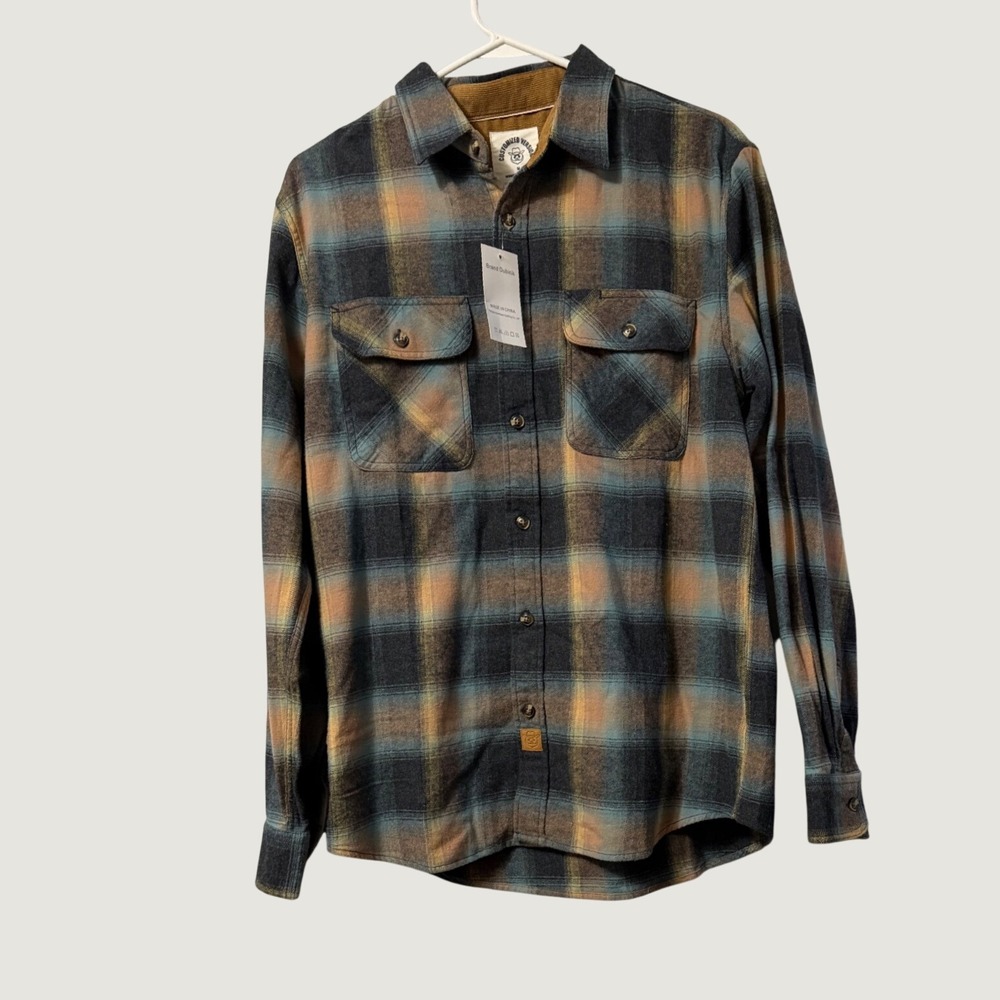 Dubinik Mens Plaid Flannel Shirt Blue Orange Cotton Corduroy Collar Size M NEW